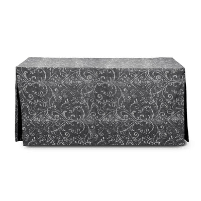 A rectangular tablecloth with a dark charcoal gray background and an intricate white baroque scroll pattern, shown on a plain white background.