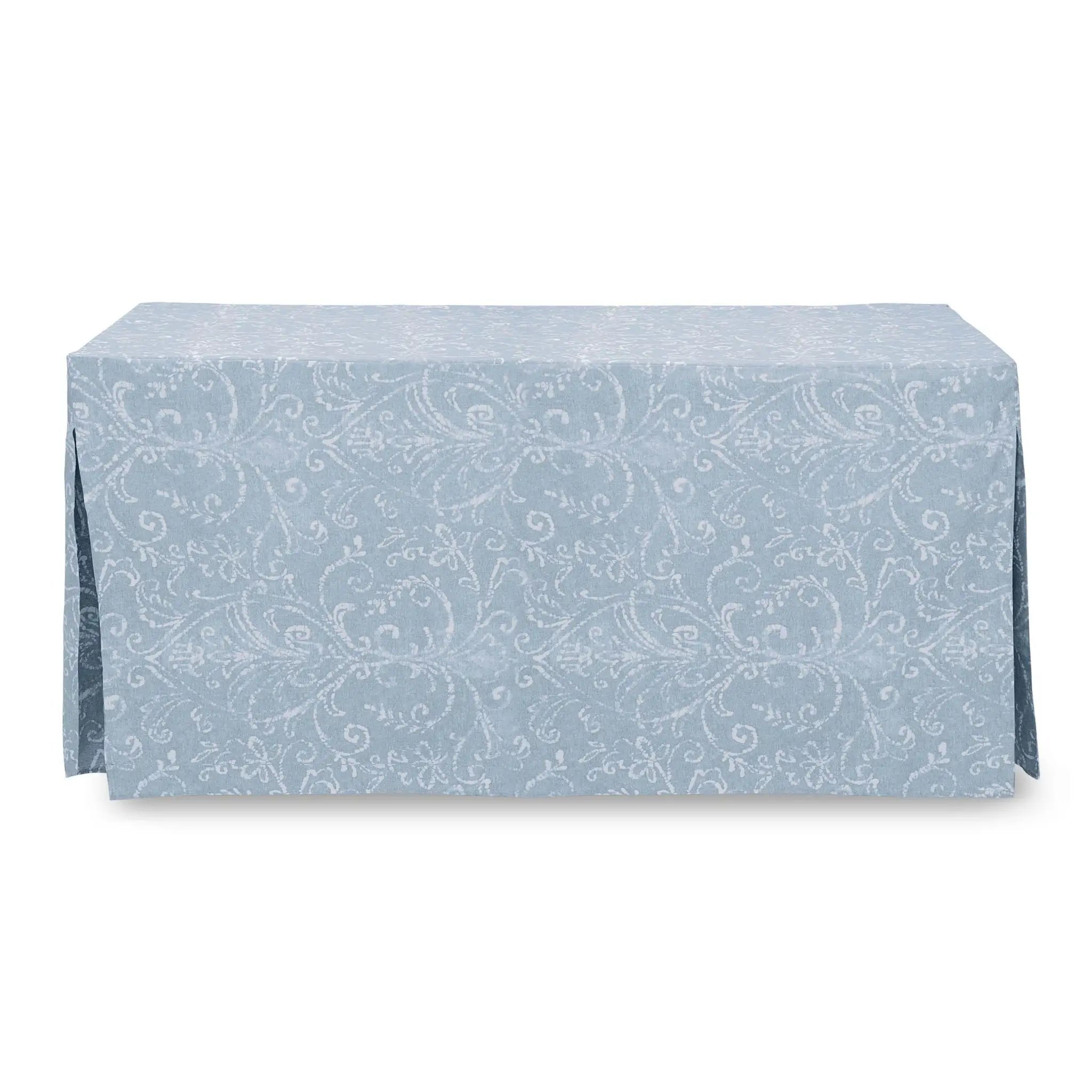 Blue patterned tablecloth on a white background