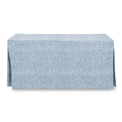 Blue patterned tablecloth on a white background