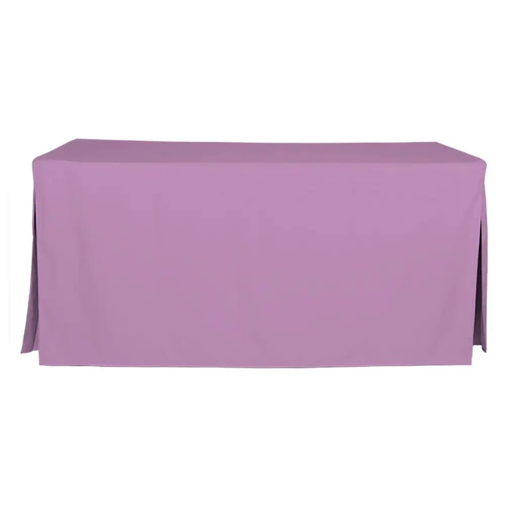 A rectangular table covered with a solid lilac tablecloth, shown against a plain white background.