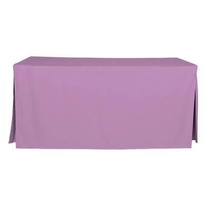A rectangular table covered with a solid lilac tablecloth, shown against a plain white background.