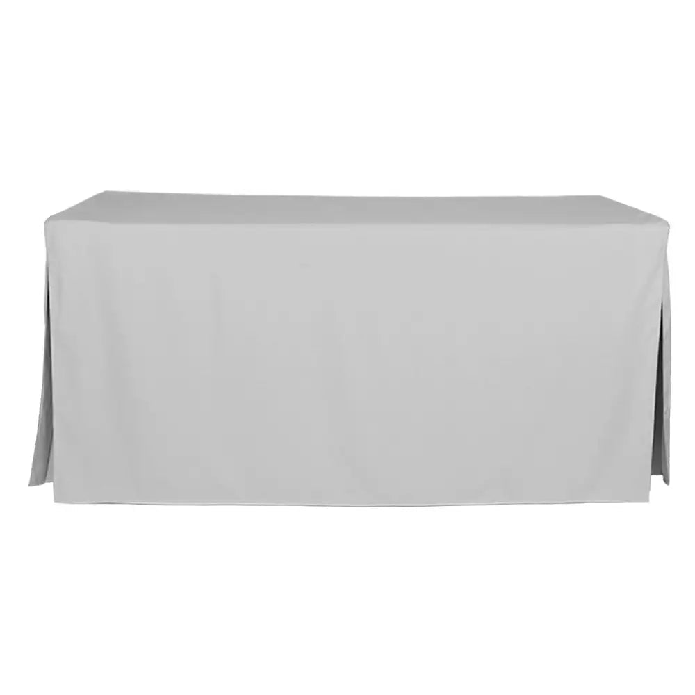Silver tablecloth on a rectangular table against a white background