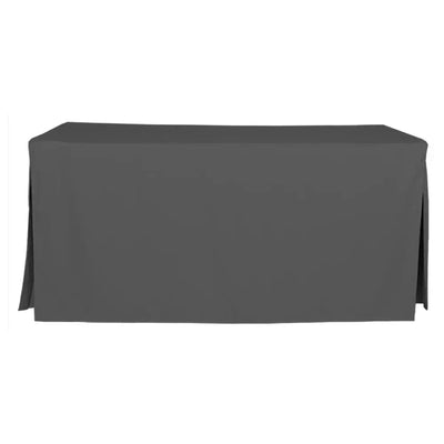 A dark gray rectangular tablecloth with side pleats, shown draped over a table against a plain white background.