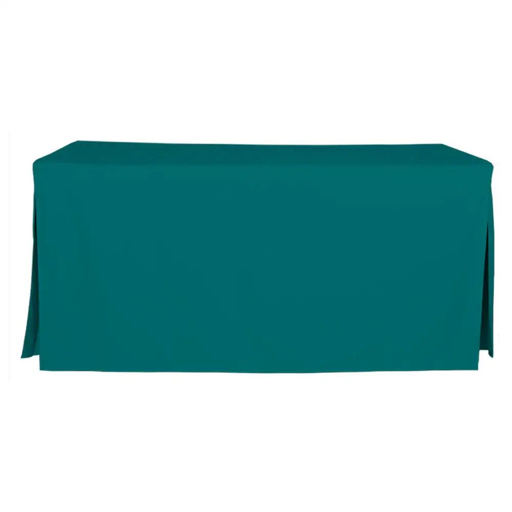 A solid teal green tablecloth draped over a rectangular table, shown against a plain white background.