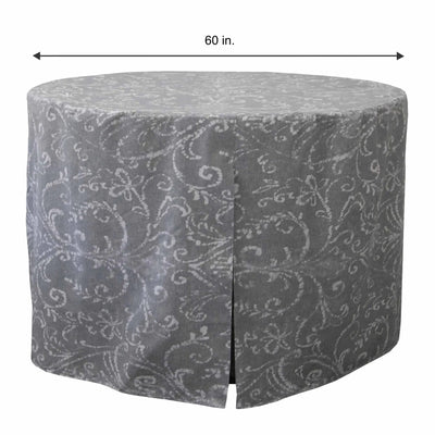 Gray patterned round table cover with dimensions indicated on a white background