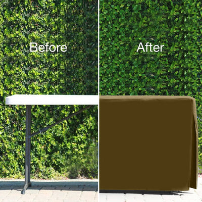 Comparison of a table with and without a brown table cover against a green hedge background.