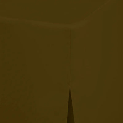 A close-up of a dark olive brown fabric table cover surface with a vertical seam and a small triangular fold at the bottom center.