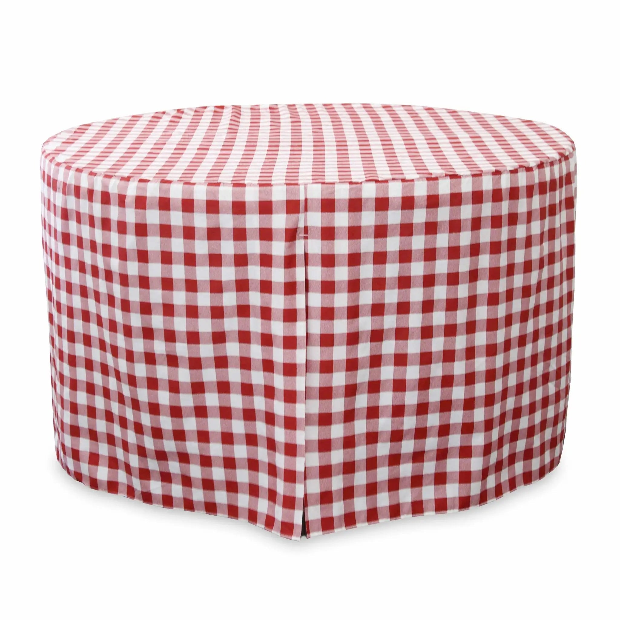 Round table cover with red and white checkered pattern on a white background