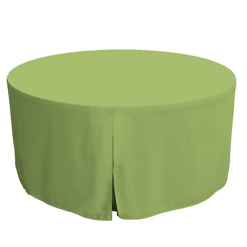 A round table covered with a solid light pistachio color tablecloth, shown against a plain white background.
