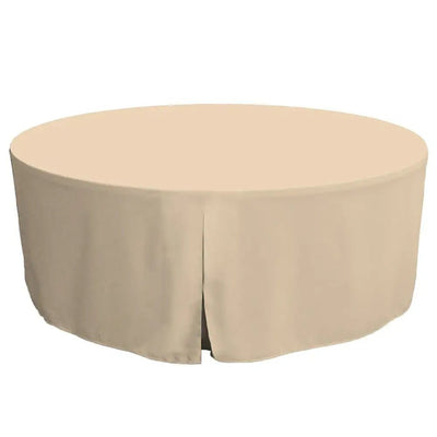 A round table covered with a natural color tablecloth, shown against a plain white background.