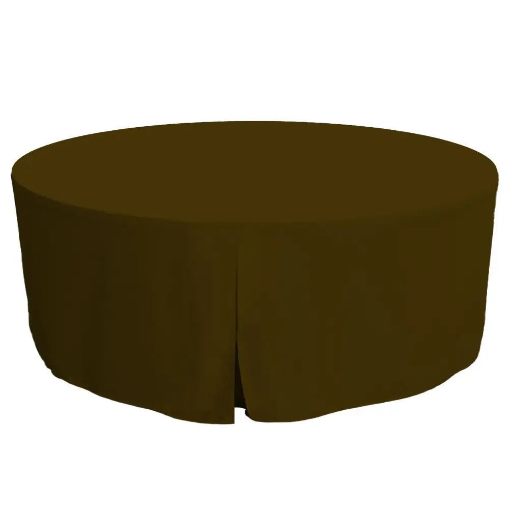 A round table covered with a dark brown table cover, shown against a plain white background.