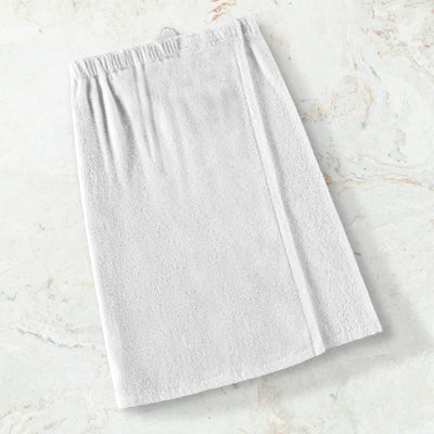 White adult shower wrap with an elastic waistband, made of soft terry cloth material.