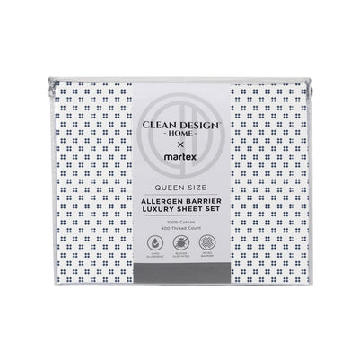 Queen size sheet set packaging featuring a floral pattern and allergen barrier information.