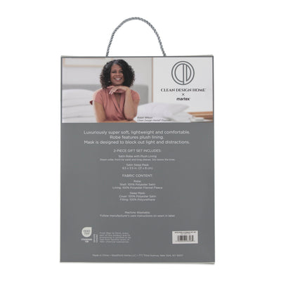 Gift set packaging featuring a satin robe with plush lining and a satin sleep mask, with care instructions included.