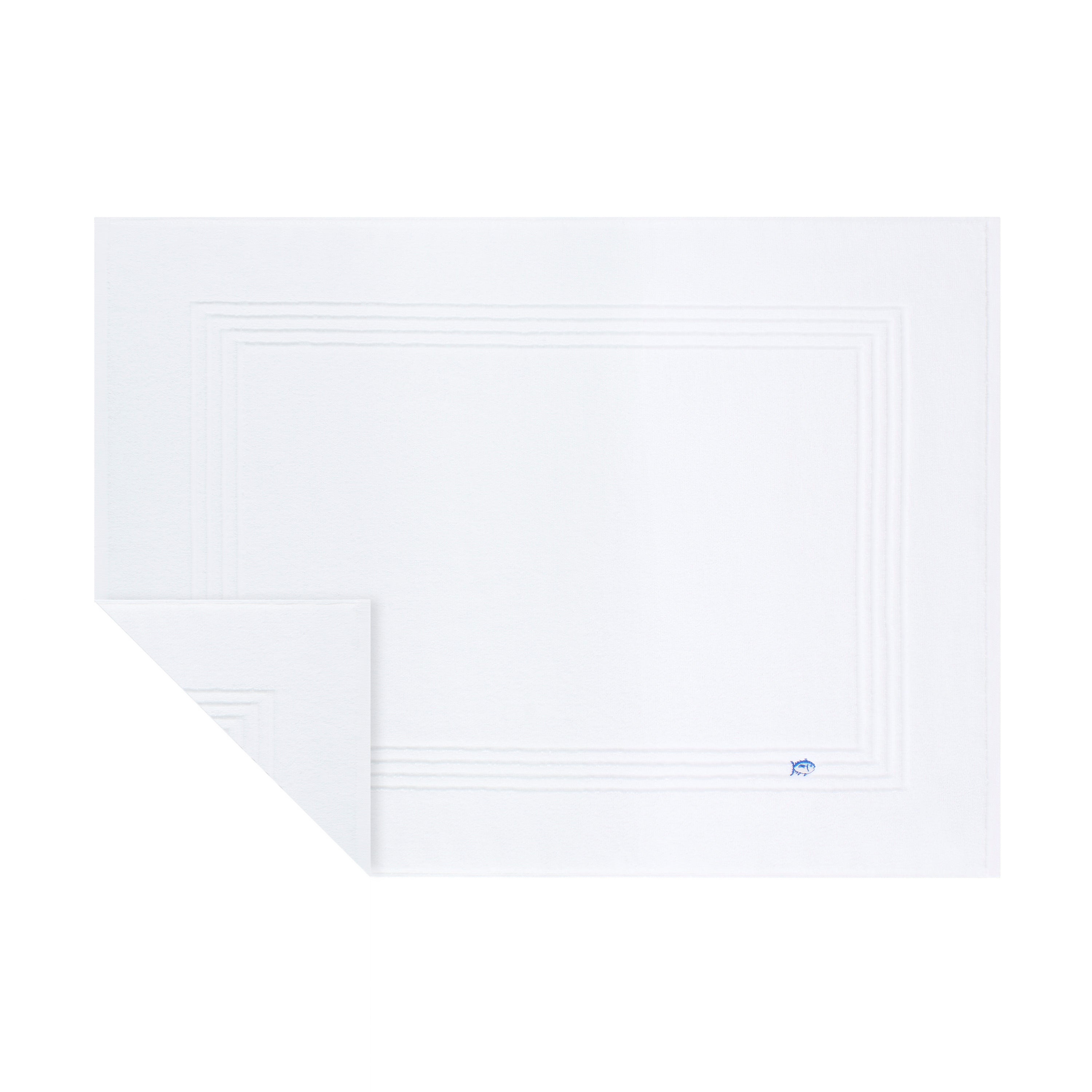 White bath mat with a textured border and a small blue logo in one corner.