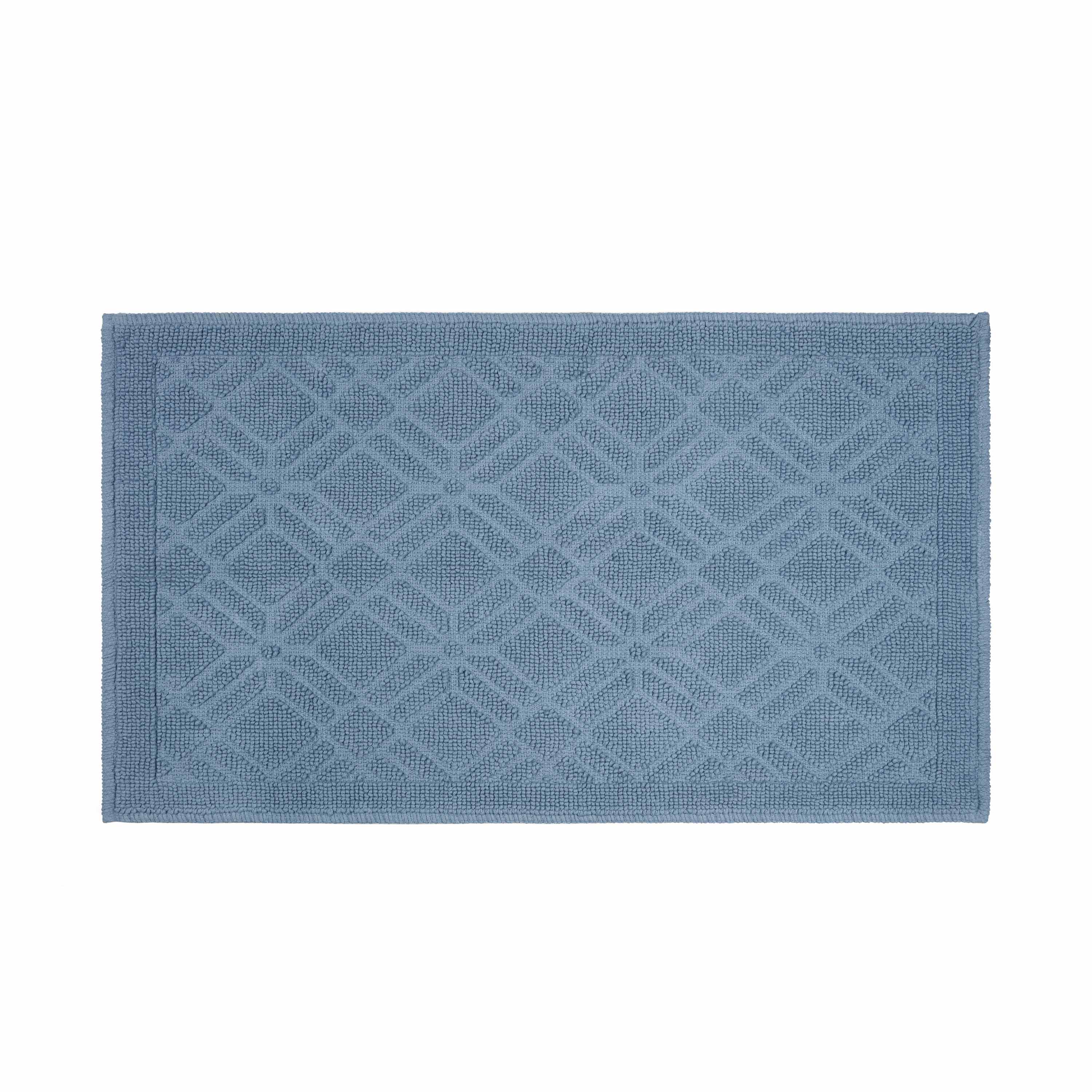 Rectangular bath rug in a soft blue color with a geometric pattern and textured surface.