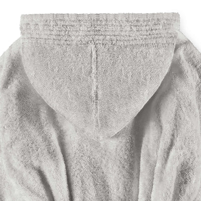 Hooded bath robe in light gray with textured fabric and stitched detailing on the hood.