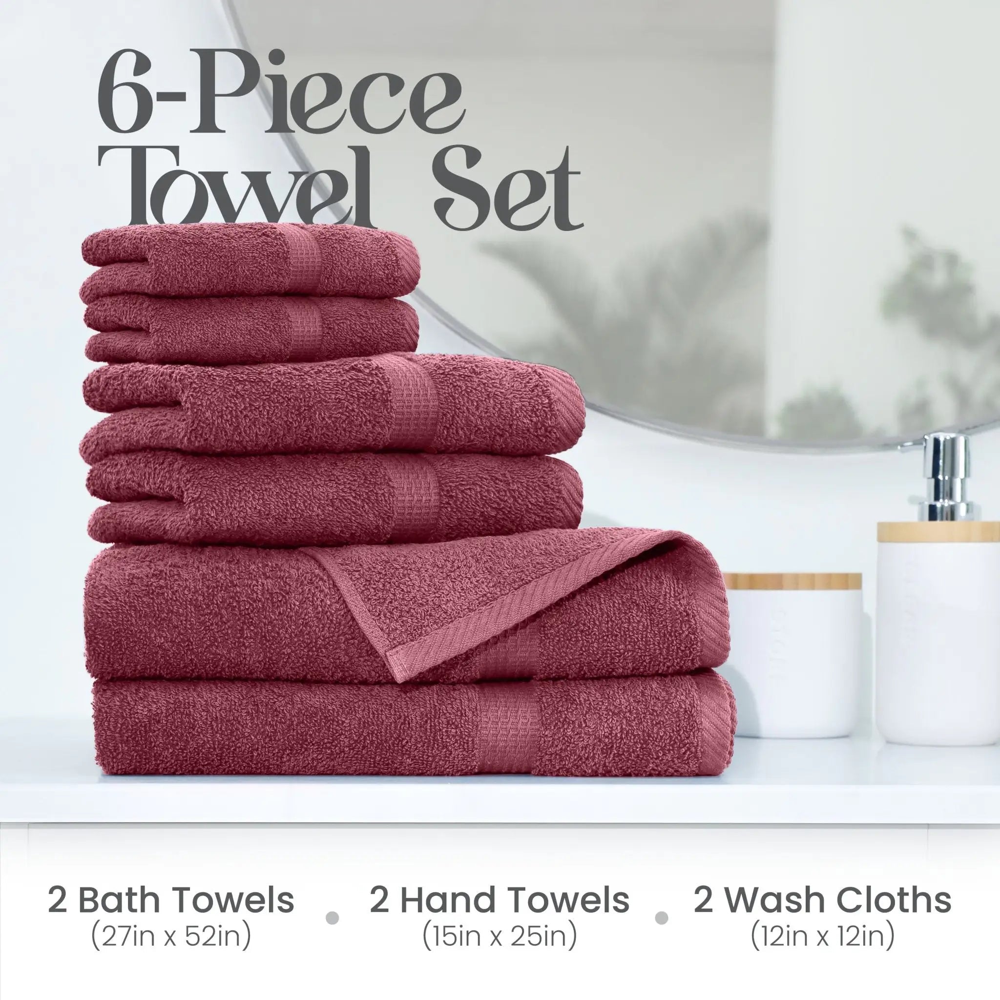6-piece towel red towel set with bath towels, hand towels, and wash cloths on a bathroom counter.