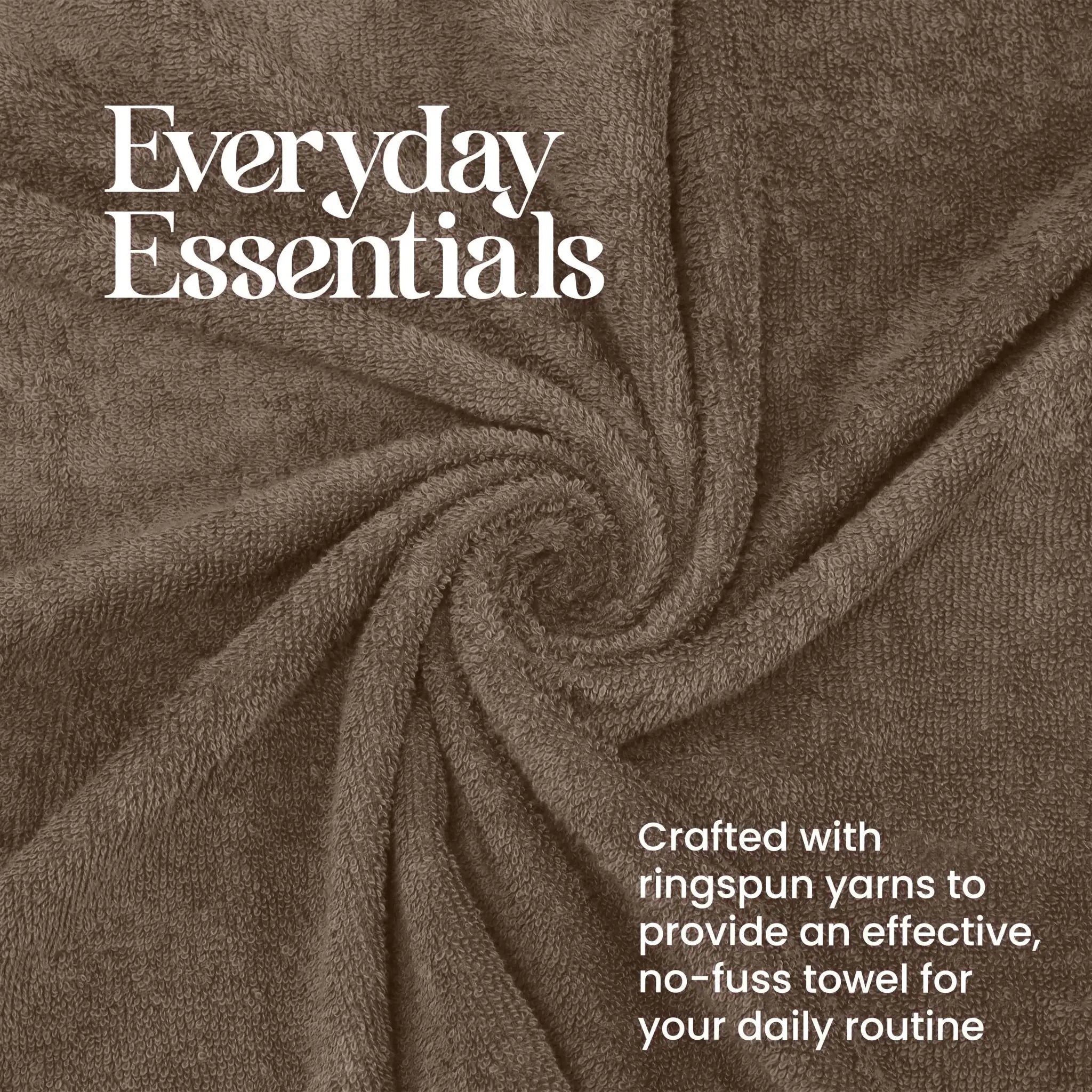 Brown towel with 'Everyday Essentials' text and yarn information