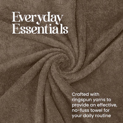 Brown towel with 'Everyday Essentials' text and yarn information
