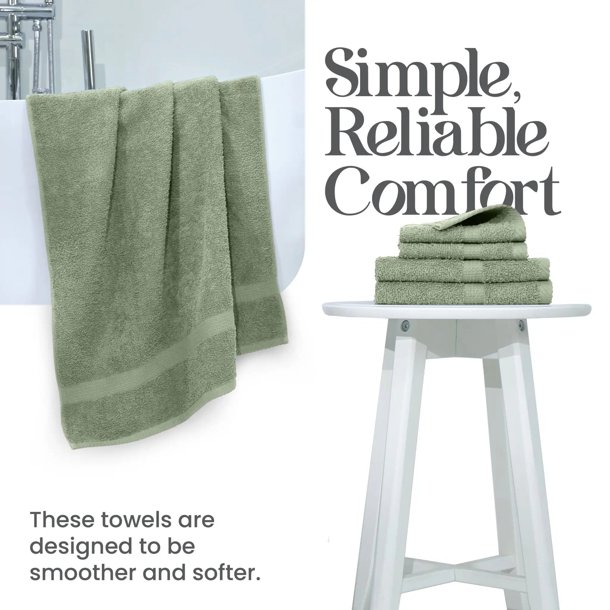 Basil towels on a stool with text 'Simple, Reliable Comfort' and 'These towels are designed to be smoother and softer.'