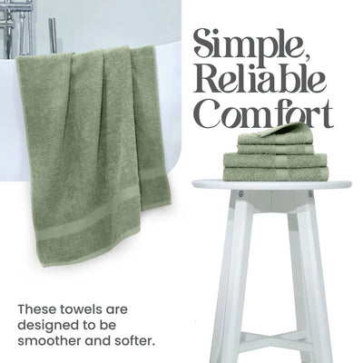 Basil towels on a stool with text 'Simple, Reliable Comfort' and 'These towels are designed to be smoother and softer.'