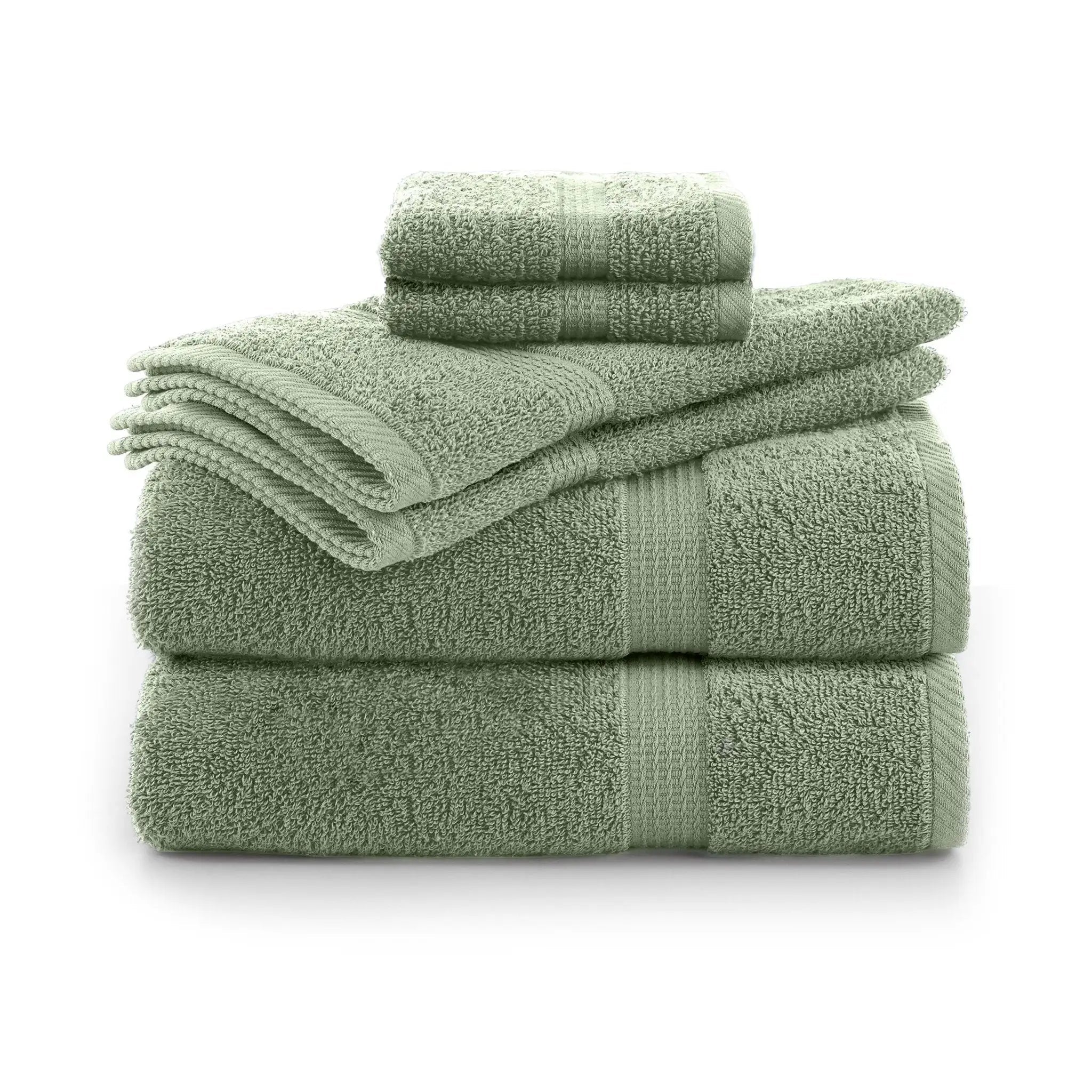 A set of folded basil towels, including a small hand towel, a bath towel, and a larger towel, arranged neatly on a white background.