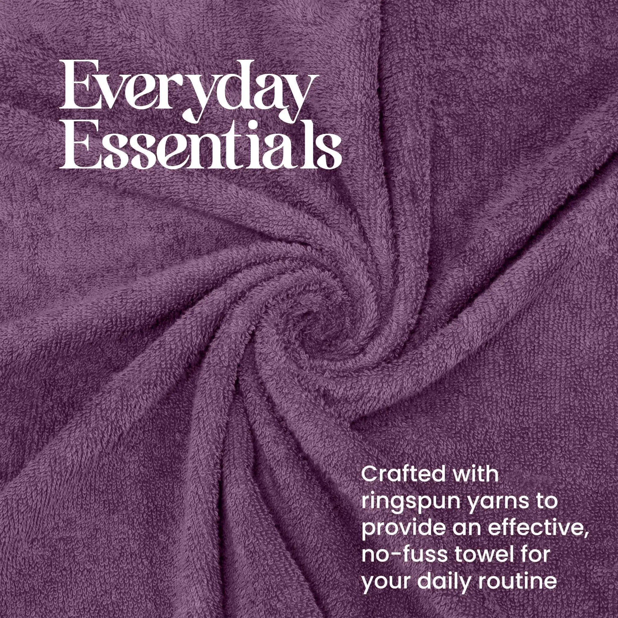 Purple towel with 'Everyday Essentials' text and yarn information