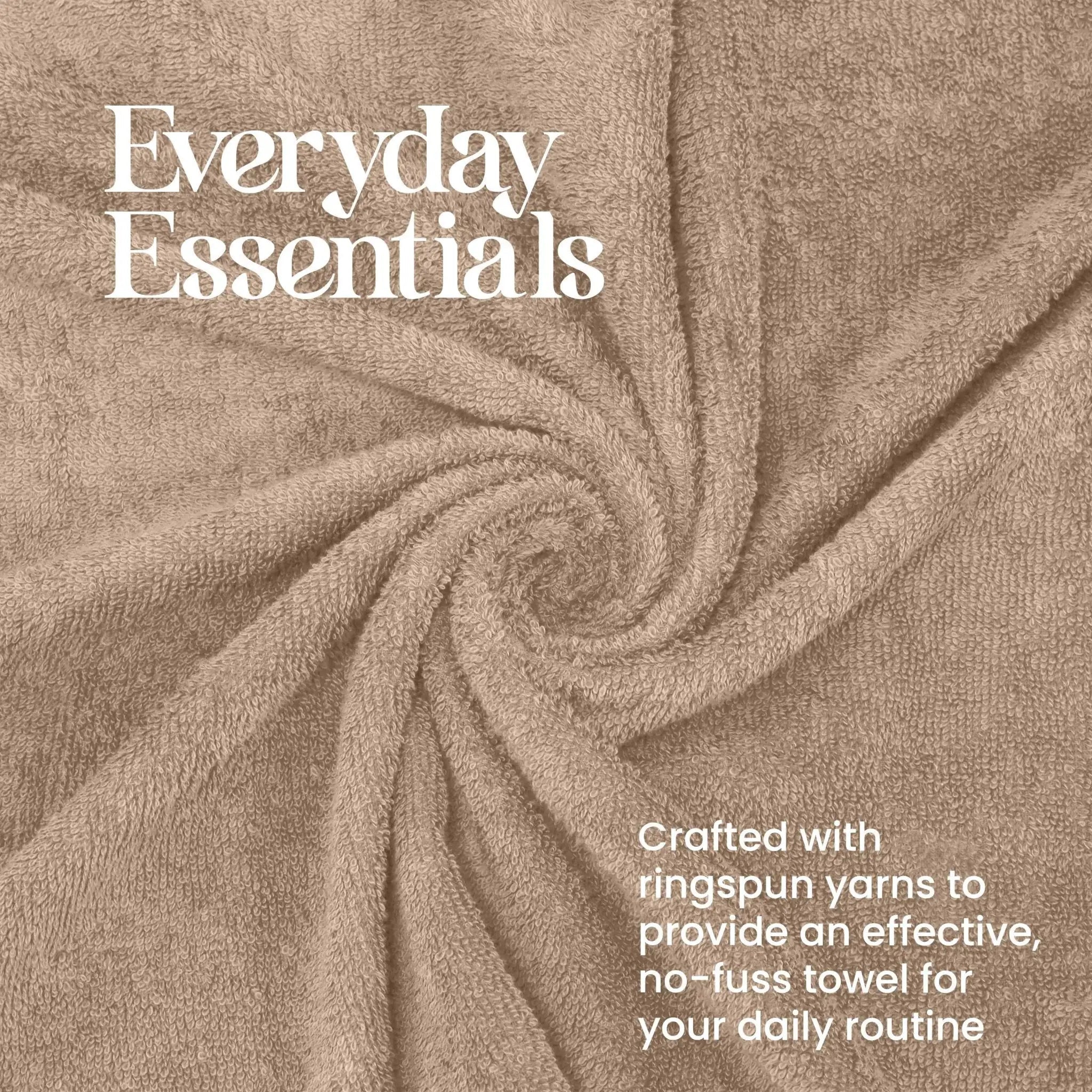 A close-up of a linen towel swirled in the center, with white text reading 'Everyday Essentials' and additional text about being crafted with ringspun yarns for a no-fuss towel.
