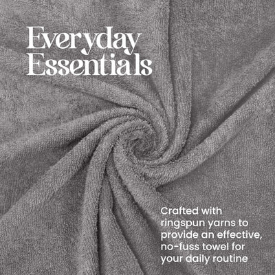 Gray towel with 'Everyday Essentials' text and yarn information