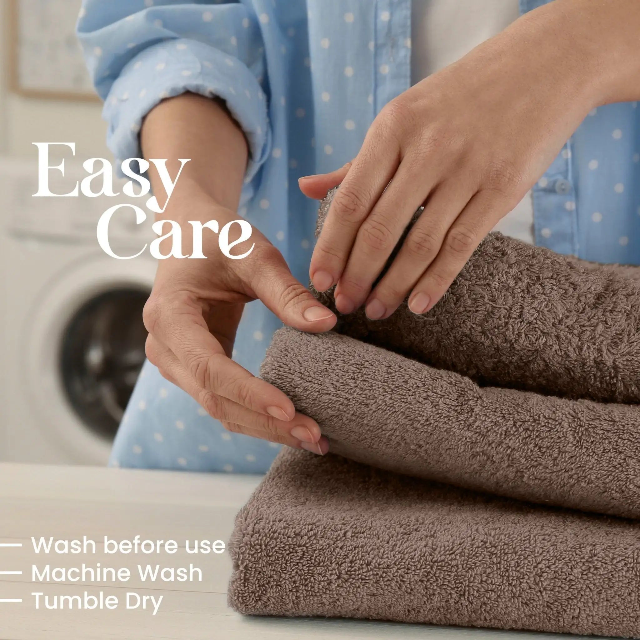 Person folding brown towels with washing machine in the background, text indicating care instructions.