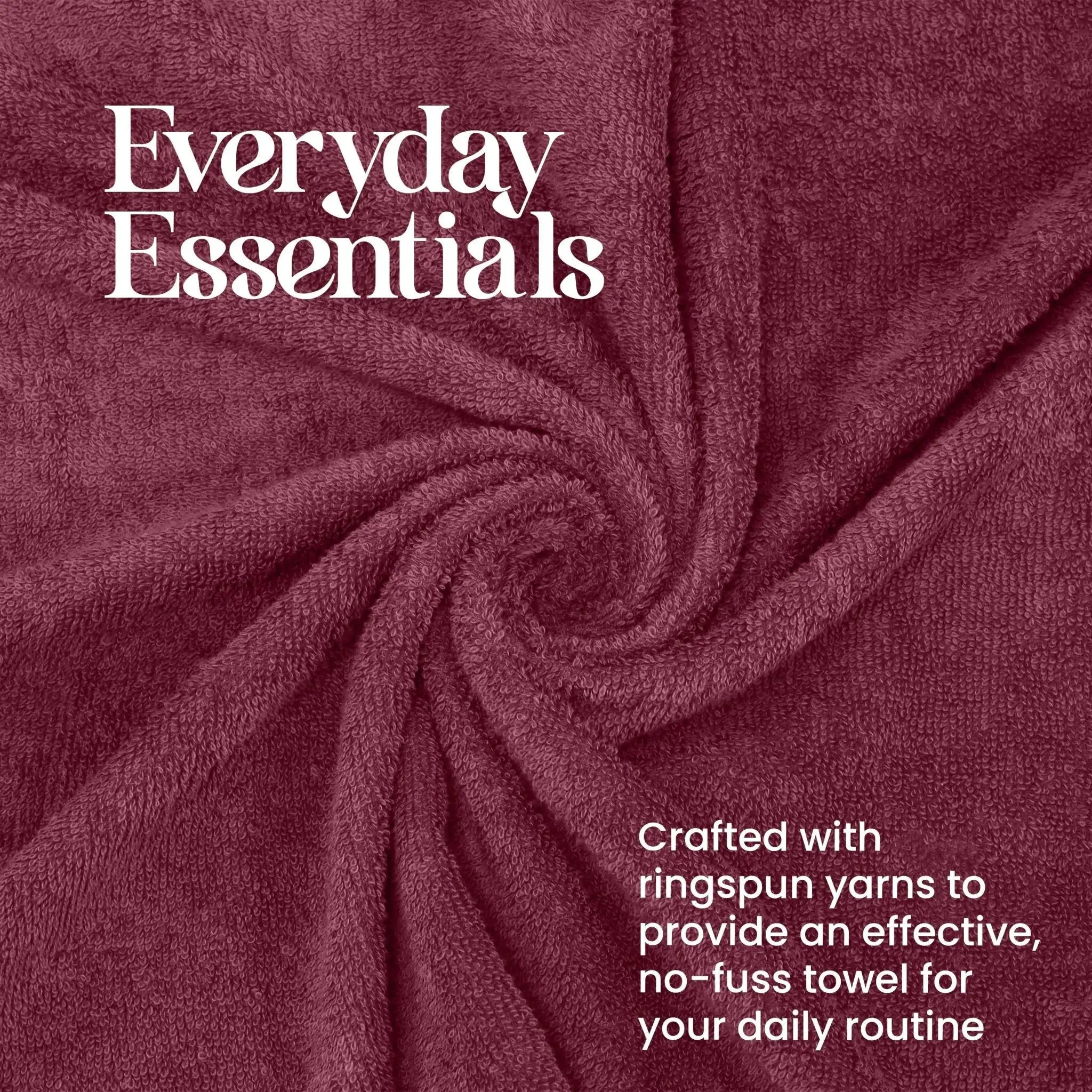 Soft red towel with 'Everyday Essentials' text and yarn information