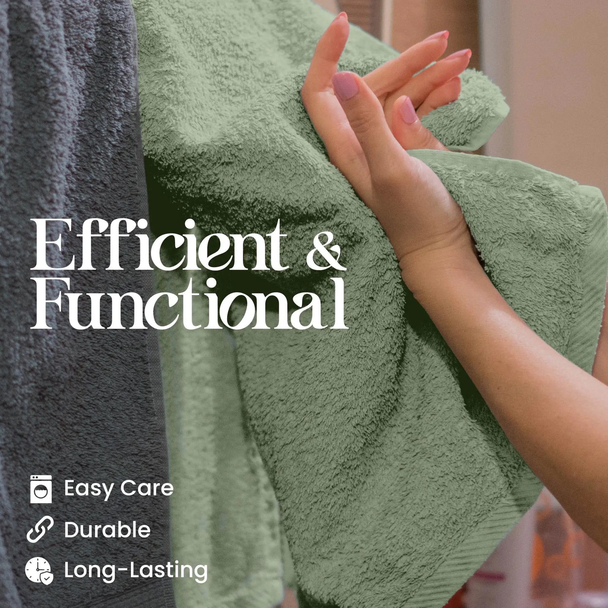 Person holding a basil towel with text 'Efficient & Functional' and icons below.