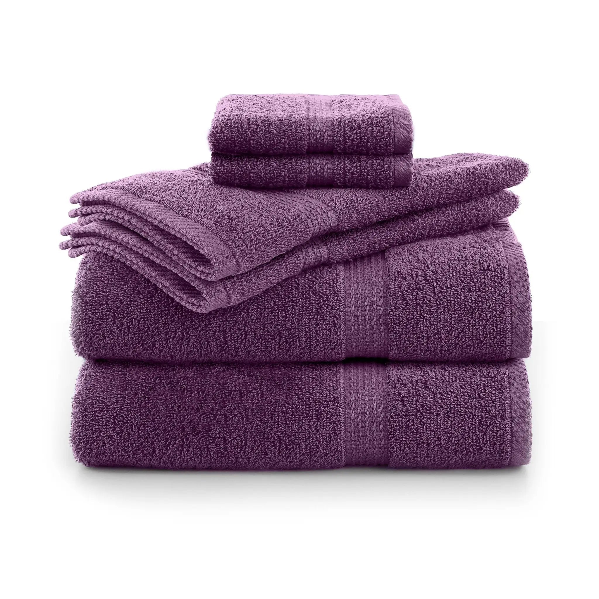 Set of purple towels stacked on a white background