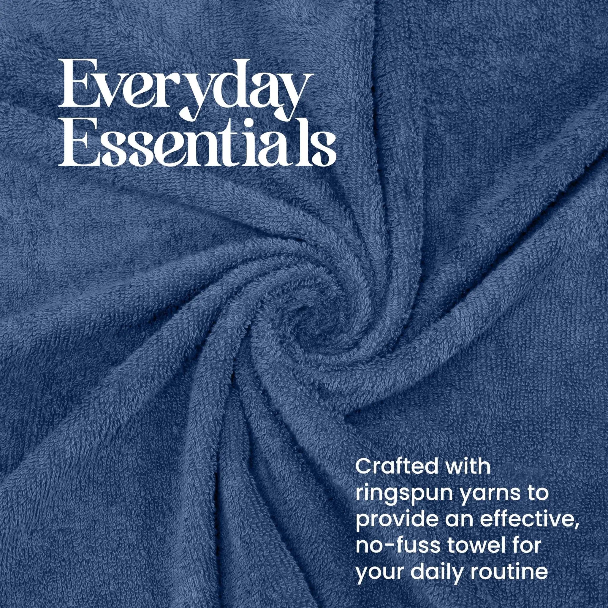 A close-up of a blue terry towel with a spiral fold pattern, featuring white text that reads 'Everyday Essentials' and 'Crafted with ringspun yarns to provide an effective, no-fuss towel for your daily routine.'.