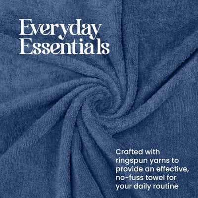 A close-up of a blue terry towel with a spiral fold pattern, featuring white text that reads 'Everyday Essentials' and 'Crafted with ringspun yarns to provide an effective, no-fuss towel for your daily routine.'.