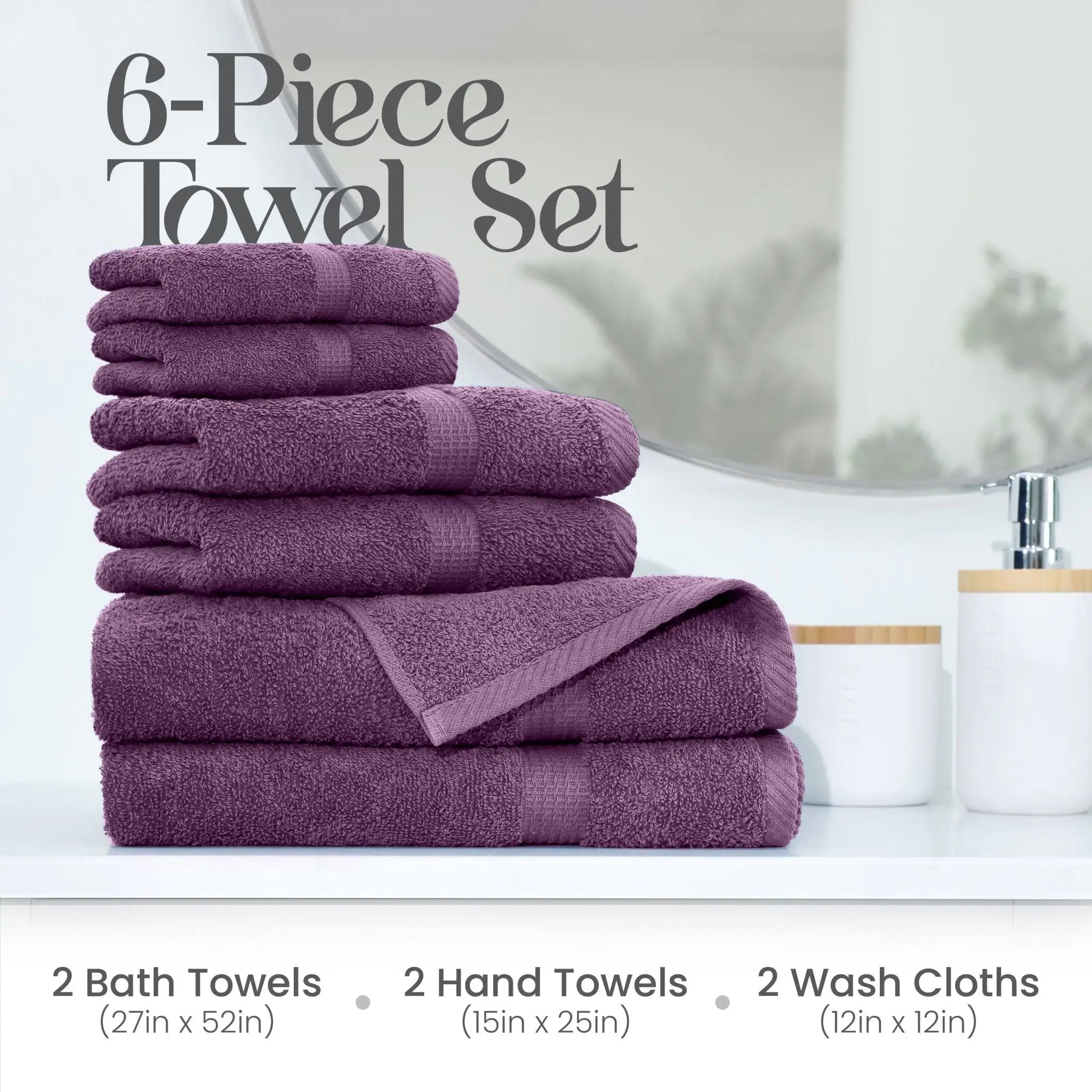 6-piece purple towel set on a bathroom counter