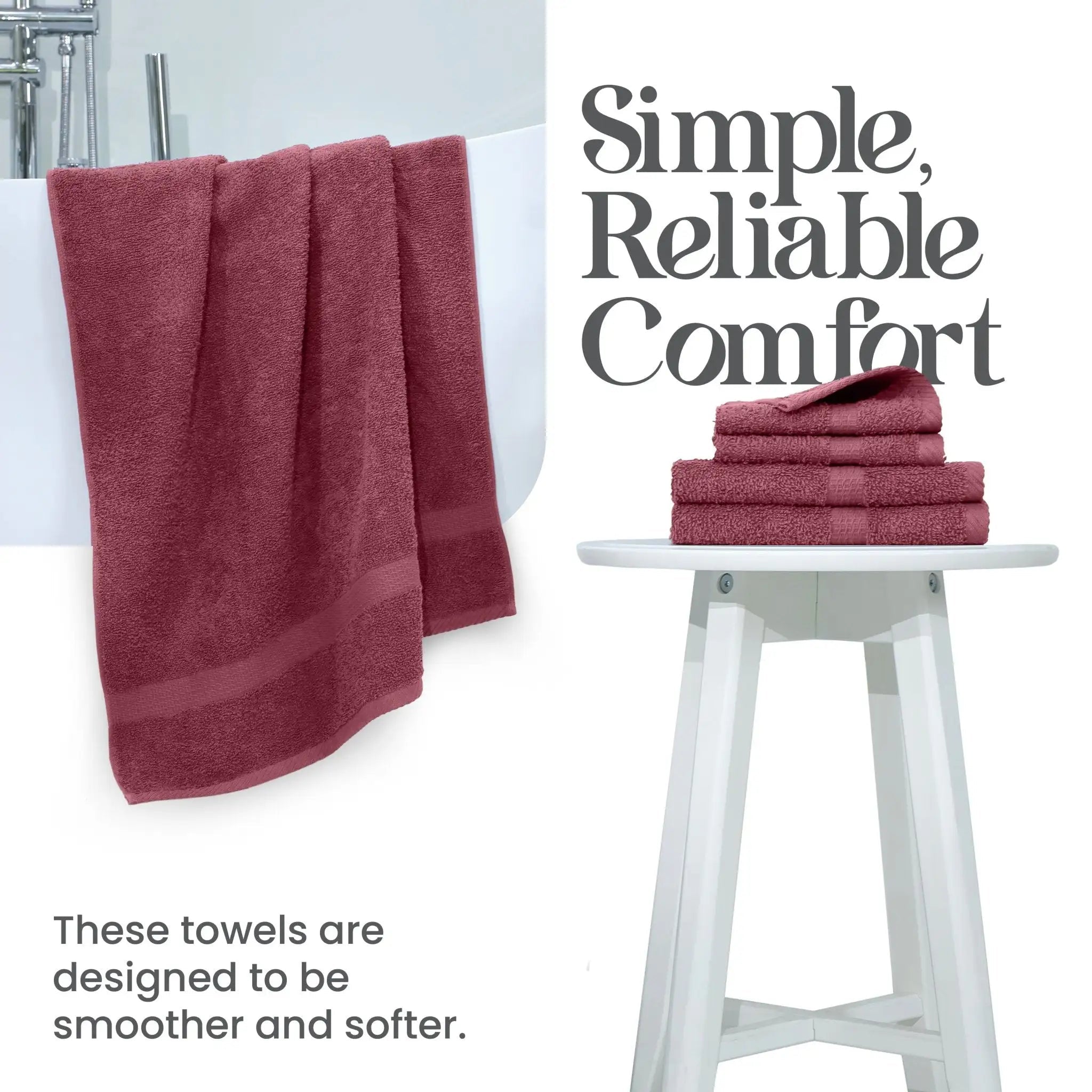 Red towels on a white stool with text 'Simple, Reliable Comfort' and 'These towels are designed to be smoother and softer.'