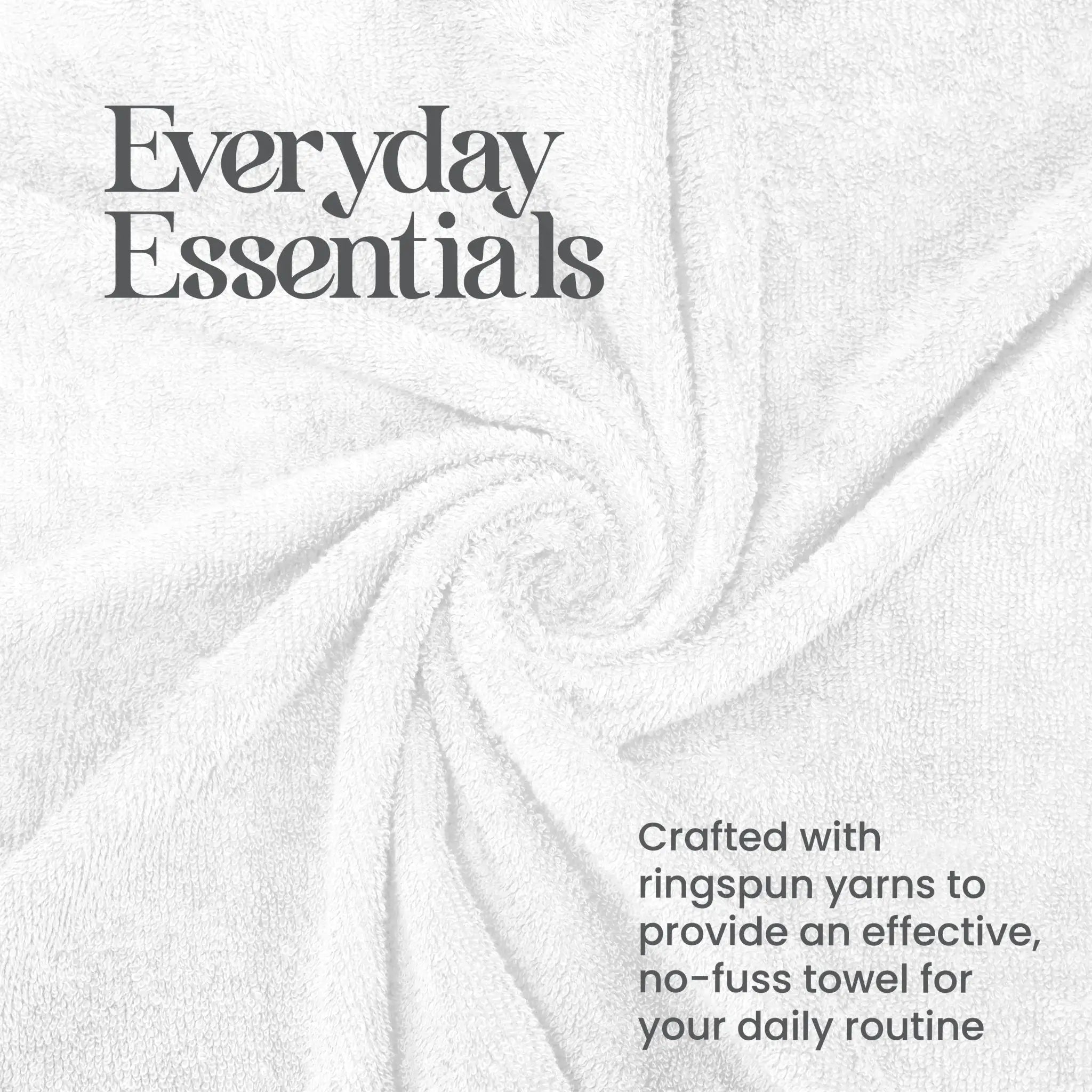 White towel with 'Everyday Essentials' text and yarn information
