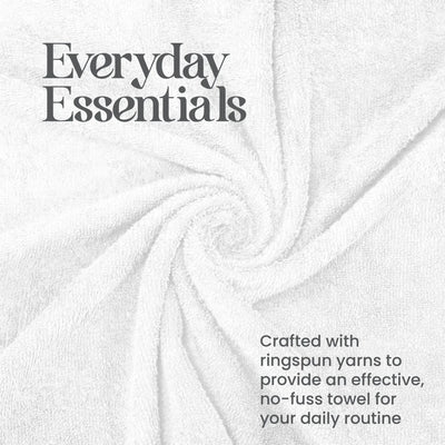 White towel with 'Everyday Essentials' text and yarn information