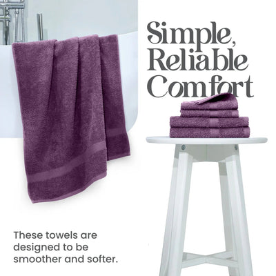 Purple towels on a white stool with text 'Simple, Reliable Comfort' and 'These towels are designed to be smoother and softer.'.