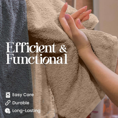A close-up of a linen textured towel being held by a person's hand. Large white text reads 'Efficient & Functional,' and smaller text lists benefits: 'Easy Care,' 'Durable,' and 'Long-Lasting.