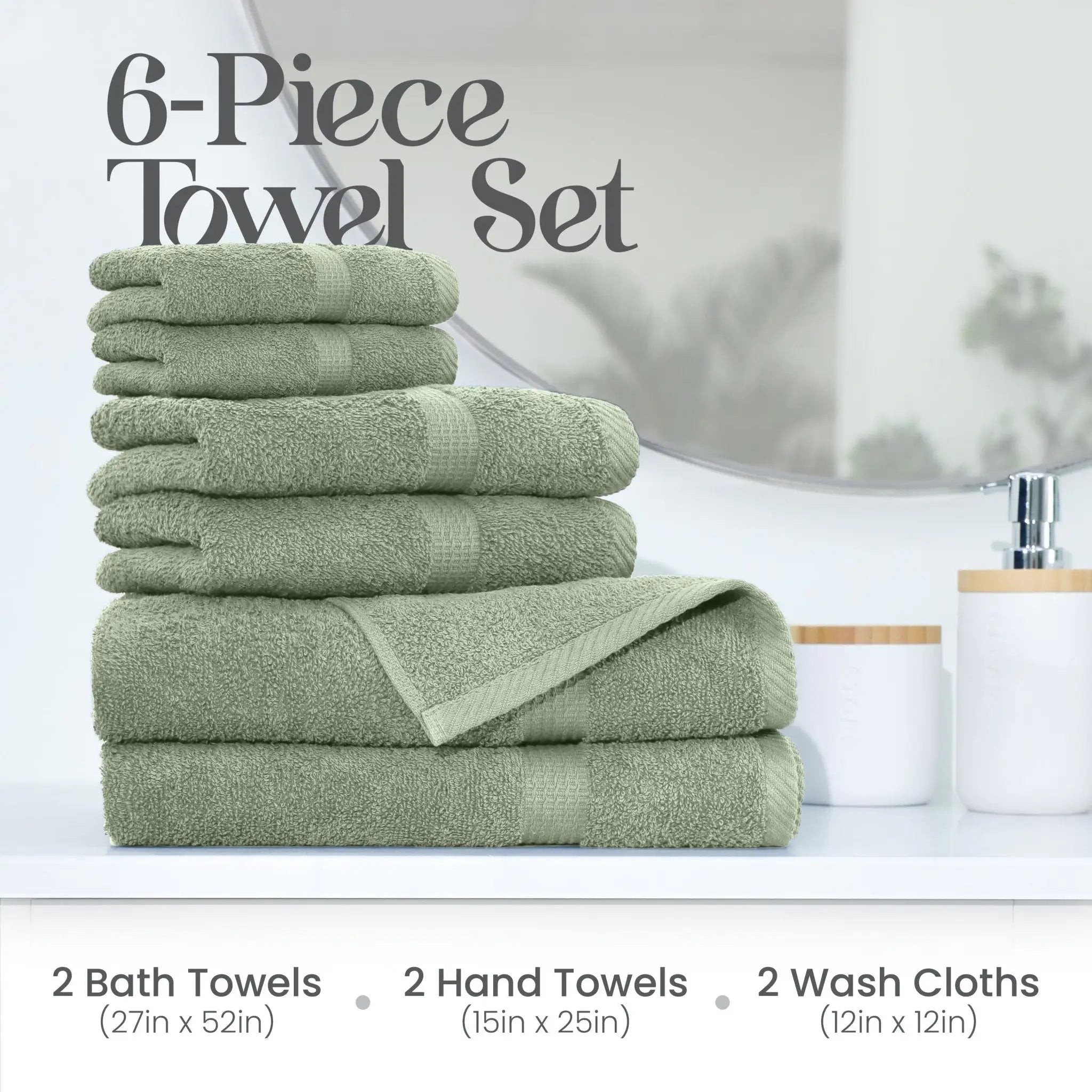 6-piece towel set with basil towels on a white surface, including bath towels, hand towels, and wash cloths.