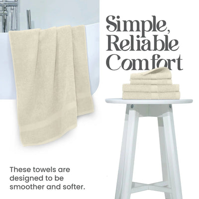 Ecru towels on a white stool with text 'Simple, Reliable Comfort' and 'These towels are designed to be smoother and softer.'