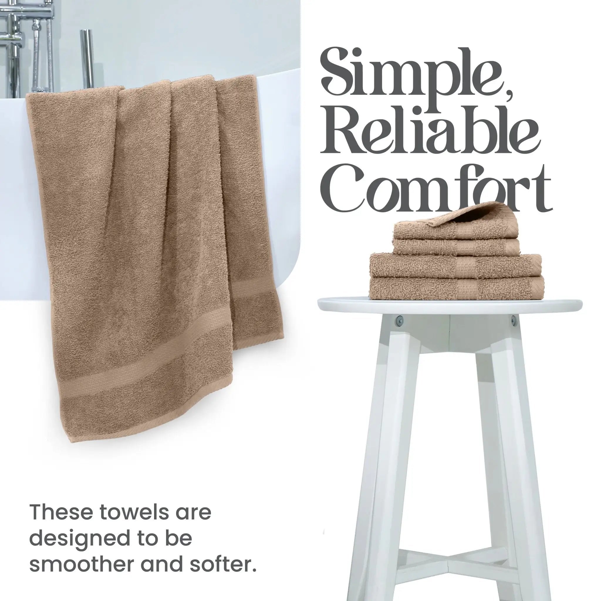 Linen towels hanging and stacked on a stool with text 'Simple, Reliable Comfort' and 'These towels are designed to be smoother and softer.'.