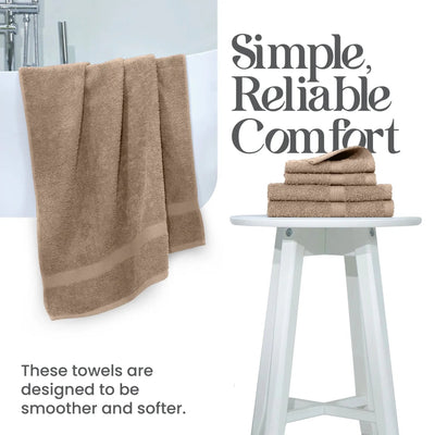 Linen towels hanging and stacked on a stool with text 'Simple, Reliable Comfort' and 'These towels are designed to be smoother and softer.'.