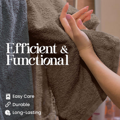 Person holding a brown towel with text 'Efficient & Functional' and icons below.