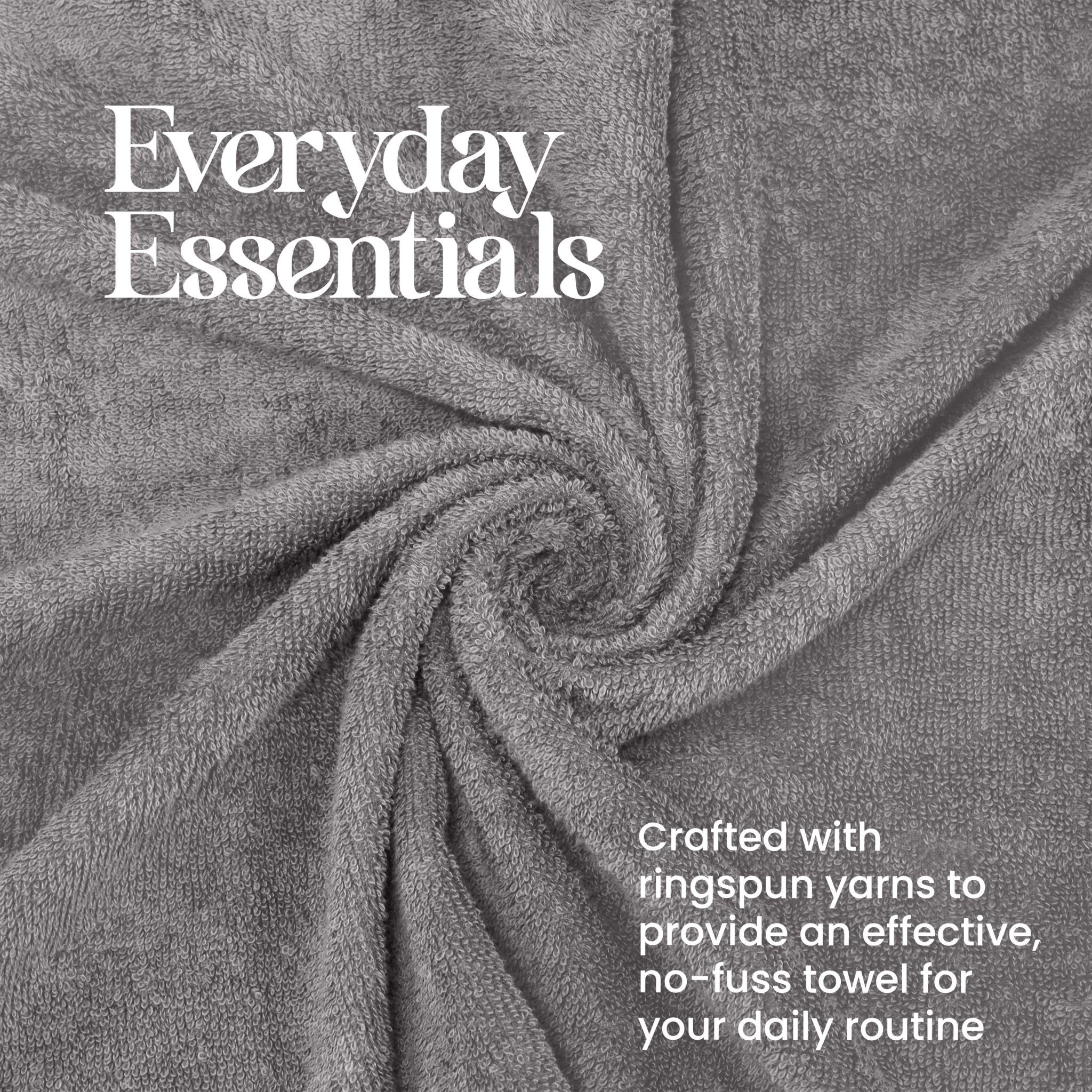 Gray towel with 'Everyday Essentials' text and yarn information