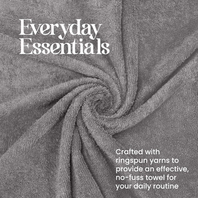 Gray towel with 'Everyday Essentials' text and yarn information
