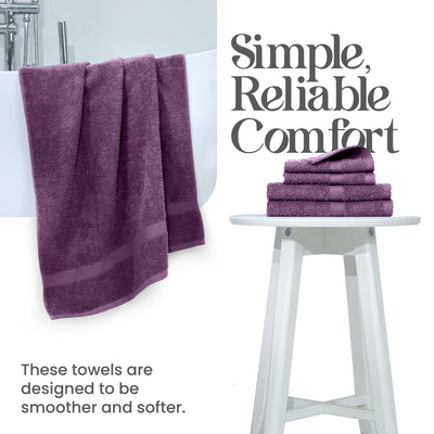 Purple towels on a white stool with text 'Simple, Reliable Comfort' and 'These towels are designed to be smoother and softer.'.